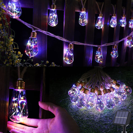 Skiennix Solar Outdoor String Lights - 20Ft Vintage Rope Design | Waterproof Multicolor with 8 Modes & 16 Shatterproof Bulbs for Garden & Patio