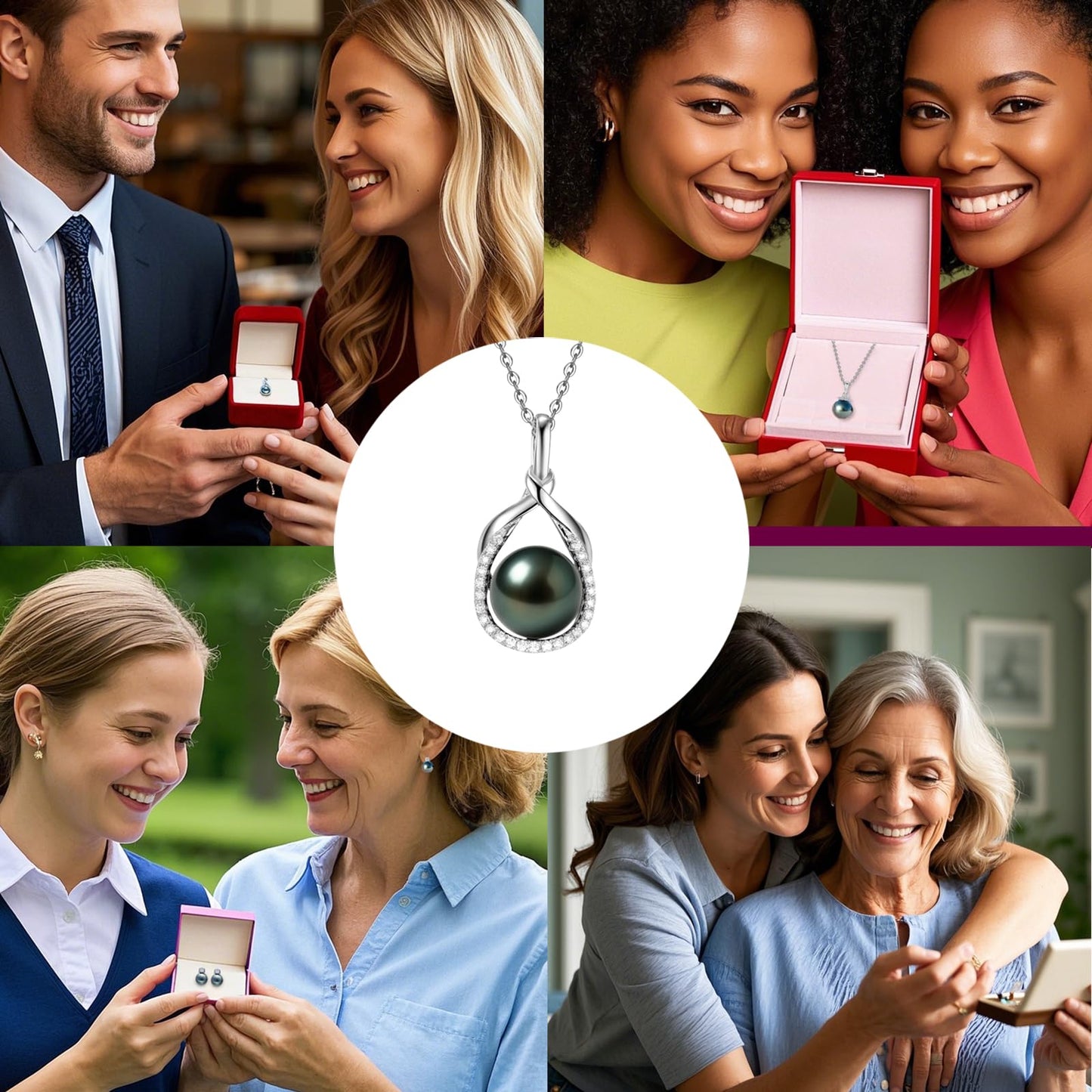 Tahitian Black Pearl Necklace for Women - Gift for Wife, Mom, Sister, Jewelry Gifts for Wedding Anniversary Birthday Christmas, 9-10mm Seawater Pearl with Sterling Silver Moissanite Necklaces Pendant