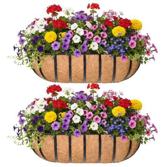 KIDYBELL 24“ Window Box Railing Planter with Coco Liner Metal Wall-Mounted Coconut Liner Planter Basket English Horse Trough Planters for Outdoor Deck Balcony Porch Fence Patio Black (2 Pack)