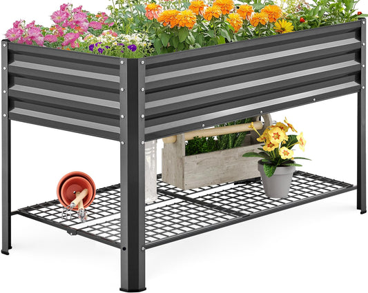 KING BIRD Large Raised Garden Bed with Legs & Storage Shelf Galvanized Elevated Planter Box for Backyard, Patio, Balcony, 400lb Capacity, Dark Grey 48×24×31.5 in