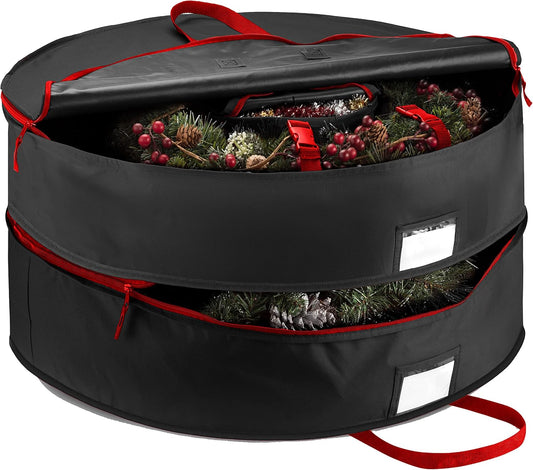 ZOBER Christmas Wreath Storage Container - 30 Inch Wreath Bag for 2 Wreaths | Durable 600D Oxford Fabric - Black with Strong Handles