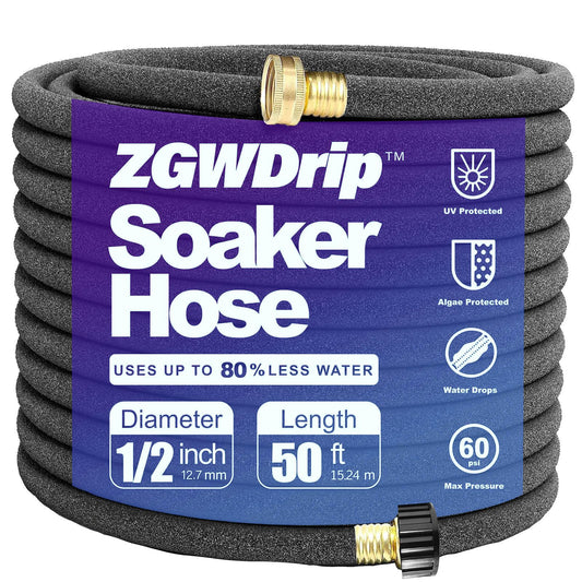 ZGWDrip 50FT 1/2" Water-Saving Soaker Hose with Solid Brass Connectors, Drip Irrigation Kit for Lawn & Yard