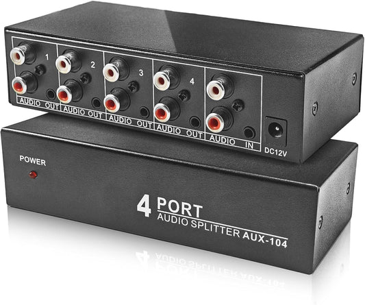 BolAAzuL 3.5mm 1 4 4-Way 4-Channel 1x4 Aux + RCA L/R Audio Splitter in Out, Stereo Audio Distributor Box Stereo RCA