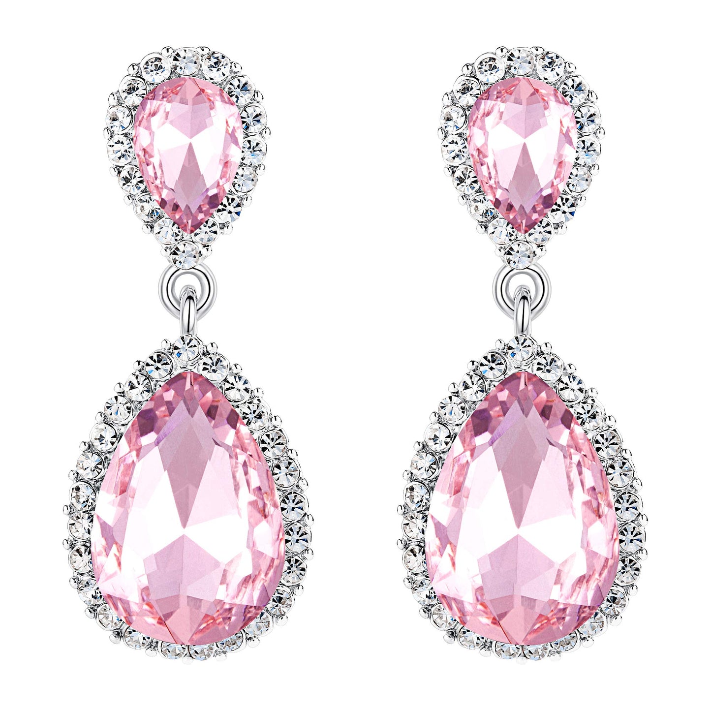 EVER FAITH Women's Austrian Crystal Wedding Tear Drop Dangle Earrings Pink Silver-Plated-Base