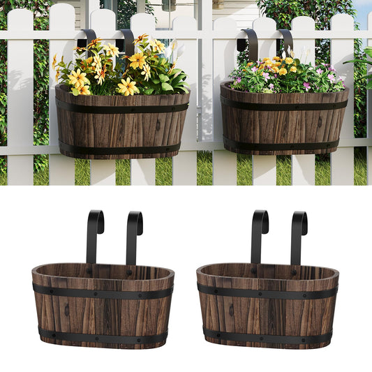 2PACK Wood Cute Railing Planter Box Wooden Hanging Flower Pots for Railing Fence Outdoor Plants Wall Planters Window Flower Box Hanging Bucket Pots Countryside plant Holder (Carbonized,2pcs,Small)