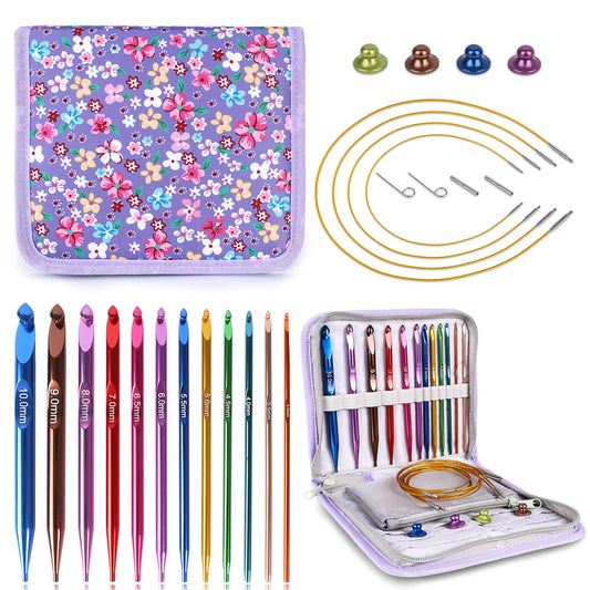 Reessy Interchangeable Tunisian Crochet Hooks Set – 12 Sizes (3.0–10mm) Aluminum Crochet Hooks with 4 Cables, Accessories & Floral Storage Bag – Detachable Afghan Crochet Hook Kit