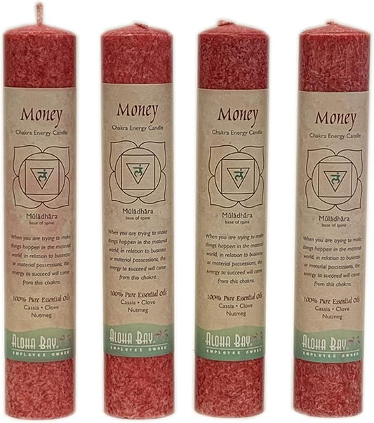 Premium Scented Candle Hand Made Chakra Energy Pillar | 4-Pack | Money, Muladhara | Yoga, Prayer & Meditation Candle | Long Burn 15 Hours | Essential Oils of Cassia, Clove & Nutmeg | Aloha Bay