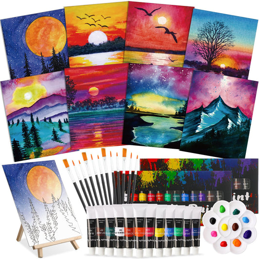 Cholemy 36 Pcs Paint and Sip Kit for Adults 8''x10'' Pre Drawn Canvas for Painting DIY Afro Acrylic Painting Kit Wood Easel Brushes Date Night Bulk for Father's Day Party Gifts(Mountain)