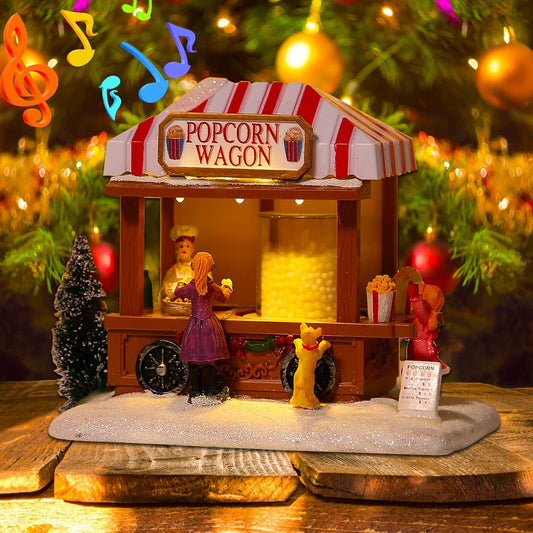 Regine Switzerland Christmas Village Houses - LED Lighted Popcorn House Figurine with 8 Music | Holiday Home Decor