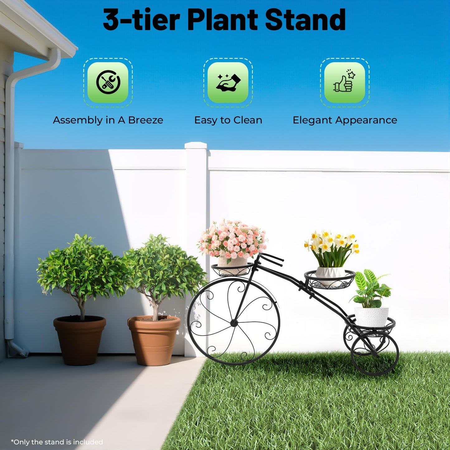 3 Pot Metal Cart Holder, Three-wheeled Plant Stand, 3-Tier Bicycle Planter Flower Cart, Holds 22lbs Capacity, for Patio Deck Garden Lawn Decor (Black)