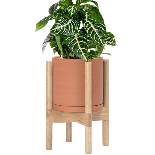 D'vine Dev Terracotta Planter with Natural Stand - 8 Inch Modern Round Flower Pot with Wood Planter Holder, Terracotta, 55-B-N-5