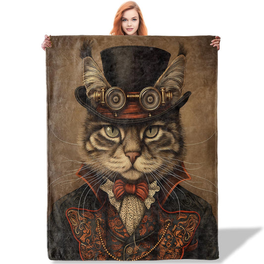 Plistiz Steampunk Cat Throw Blanket 50"x60", Vintage Cat Blankets for Living Room Bedroom Decor, Soft Flannel Polyester Warm Cozy Gifts for Cat Lovers