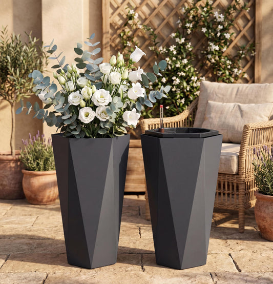 22.4" Black Tall Planters Outdoor Set of 2, Large Black Flower Pots Outdoor with Drainage Holes & Automatic Watering System, Modern Large Resin Planters for Outdoor Plants, Front Porch, Deck, Diamond
