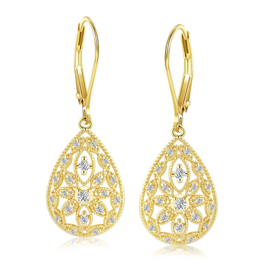 14K Gold Earrings for Women Trendy Filigree Teardrop Dangle Earrings Gold Hypoallergenic Leverback Cubic Zirconia Drop Earring for Jewelry Gifts