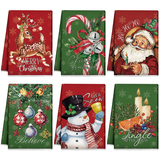 Hosuly 6 Pcs Vintage Christmas Kitchen Towels Red and Green Christmas Hand Towels Xmas Santa Elk Snowman Candy Dish Towels Christmas Decorative Tea Towel Housewarming Gifts for Kitchen Holiday Xmas