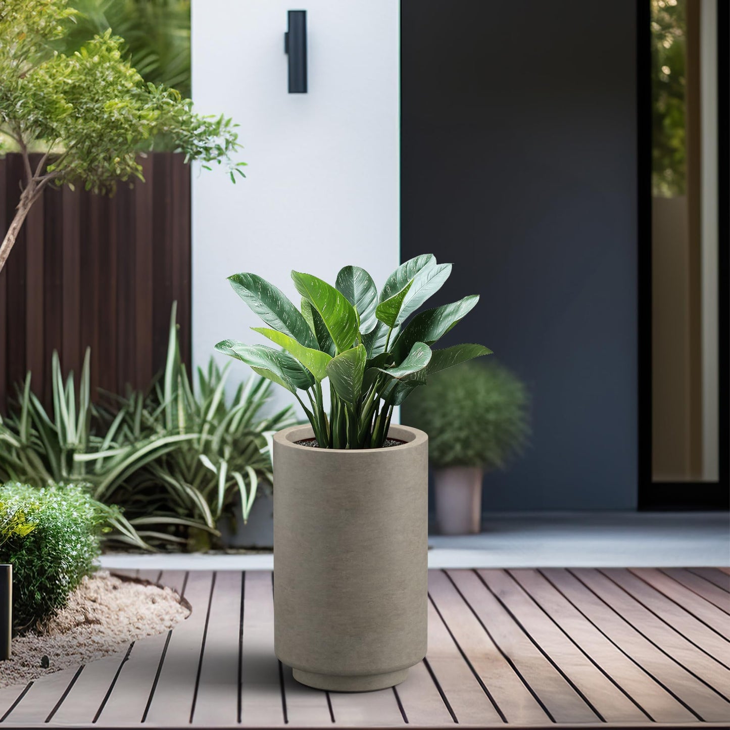 Kante 15.7 Inch Tall Concrete Planter, Round Pedestal Design Garden Pot for Indoor Outdoor Plants, Modern Garden Pot with Drainage Hole, Weathered Concrete Finish with Painted Interior