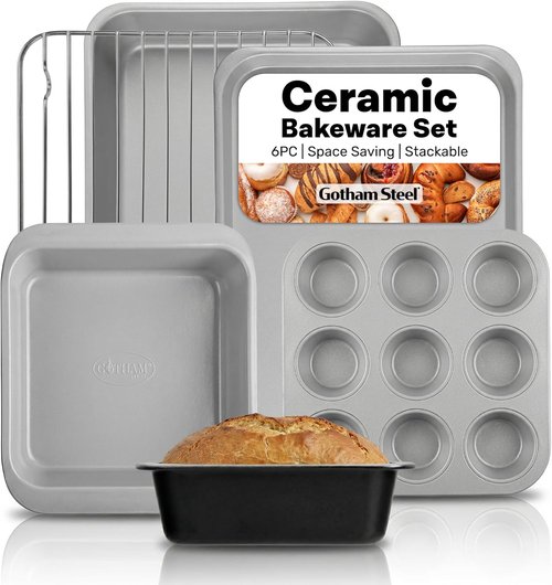 Gotham Steel 6-Piece Stackable Baking Pans Set | Space-Saving Ceramic Bakeware, Non-Toxic & Dishwasher Safe