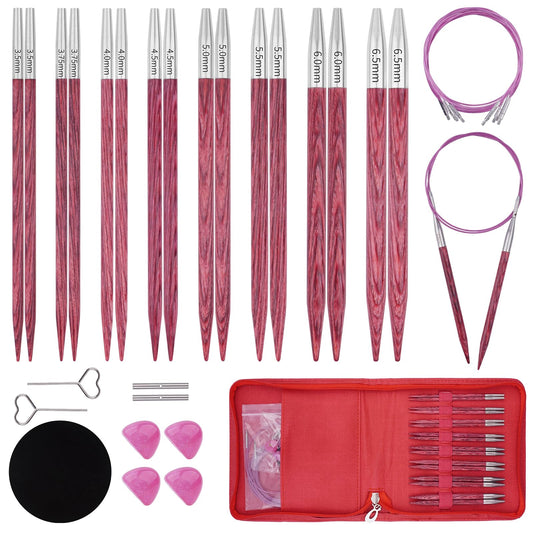 Weabetfu 4.3-inch (11cm) Interchangeable Circular Knitting Needles Set Birch Wood Circular Needles US Sizes 4,5,6,7,8,9,10,10.5 with Round Knitting Needle with Flexible Cables,8 Pairs