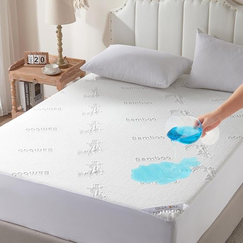 BEDLORE Queen Size Waterproof Mattress Protector - Soft Bamboo Viscose Fitted Cover, Deep Pocket, Machine Washable | White