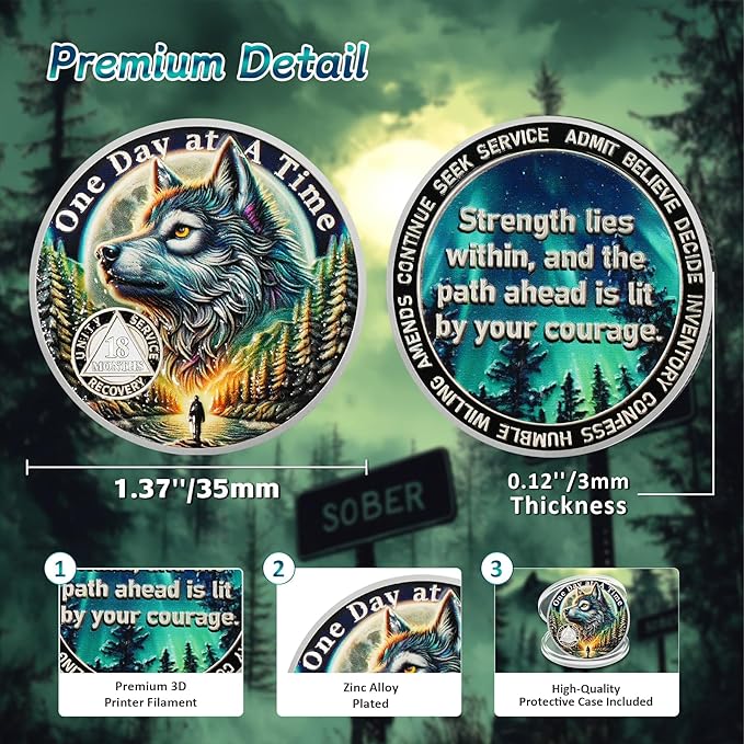 One Day at a Time 18 Month Sobriety Coin - Recovery Aurora Forest Wolf AA Coins - Addiction NA AA Chips and Medallions - Celebrate 1-30 Living Clean Sober Alcoholics Anonymous Gifts for Men Women