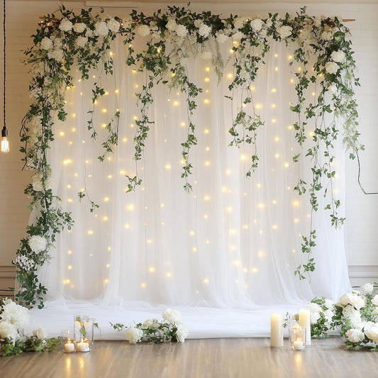 10FT 10FT (2 5x10FT) Tulle Backdrop Curtain with Lights String X White Sheer Tulle Backdrop Curtains for Wedding