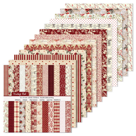 24 Sheets/24 Designs Scrapbook Paper Double Sided Boho Floral decorative craft Pattern Paper for DIY Cards, Junk Journaling, Scrapbooking Supplies and Photo Album Decor (Red-2076, 12x12 Inch)