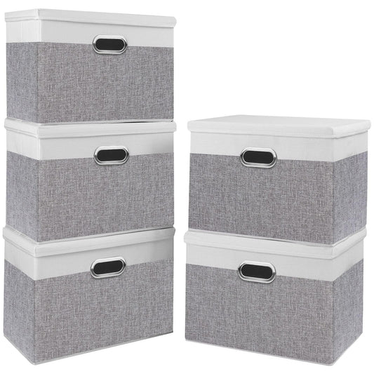 Yawinhe Fabric Storage Bins with Lids, Decorative Boxes with 2 Metal Handles, Waterproof Cube Organizer Basket, Closet Containers, White/Gray, 17.3''Lx11.8''Wx11.8''H, 5-Pack