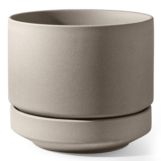 LE TAUCI 12 Inch Pots for Plants with Saucer | Ceramic Outdoor & Indoor Planter Pot for Plants | Drainage Hole, Mesh Pad | Unglazed Porous | Modern for Home, Office and Patio – Neutral Gray