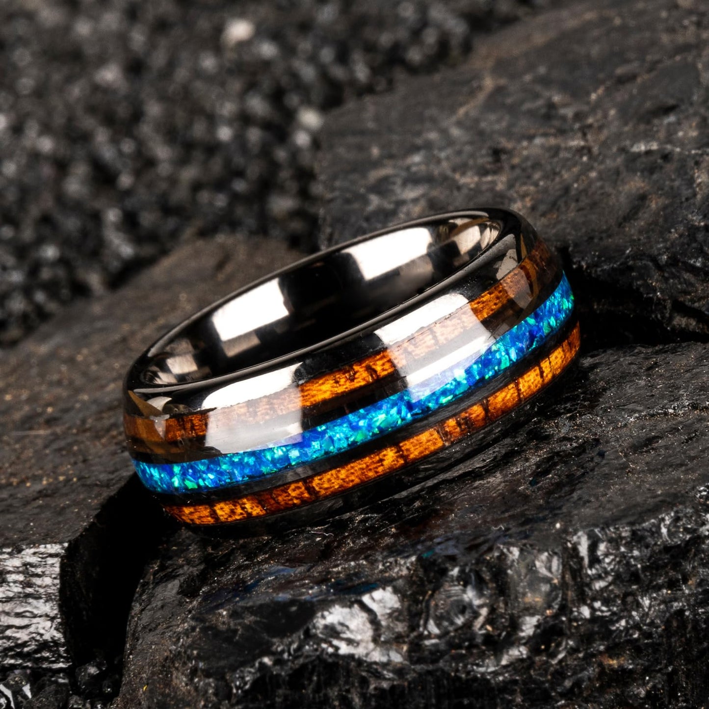 JEWPER 8mm Men Womens Wedding Band Tungsten Rings dark gun black Fashion Promise Carbide Inlaid blue opal koa Matte Finish Edge Comfort Fit Size(9)