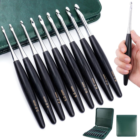 Hobekoee Inline Crochet Hooks Set 9 Sizes 3.5mm(E)-8mm(L) Wooden Handle Crochet Hooks Set with Case,Ergonomic Grip for Arthritic Hands
