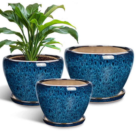 EPFamily Ceramic Plant Pots Indoor, 10 Inch 8 Inch 6 Inch Round Planters Pots for Indoor Outdoor Plants, Modern Large Flower Pots with Drainage Holes and Saucers, Set of 3, Blue