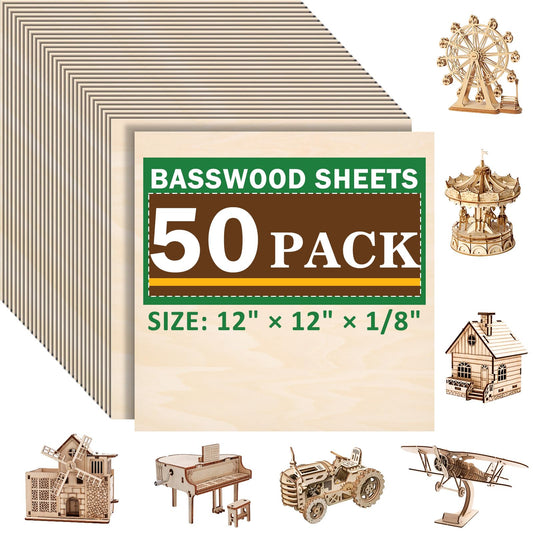50 Pack Basswood Sheets for Laser Cutting, 12 x 12 x 1/8 Inch, Unfinished Squares Wood Sheets for Crafts - Smooth Surface Plywood for Wood Burning, Engraving, Architectural Models, Painting & Staining