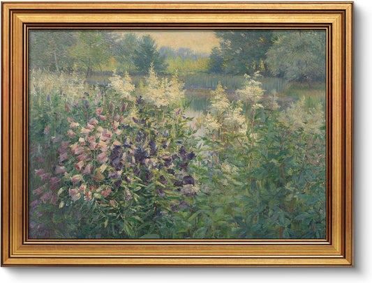 VIYYIEA Vintage Gold Framed Wall Art - Canterbury Bells Landscape Canvas Print for Living Room Decor (16" x 12")