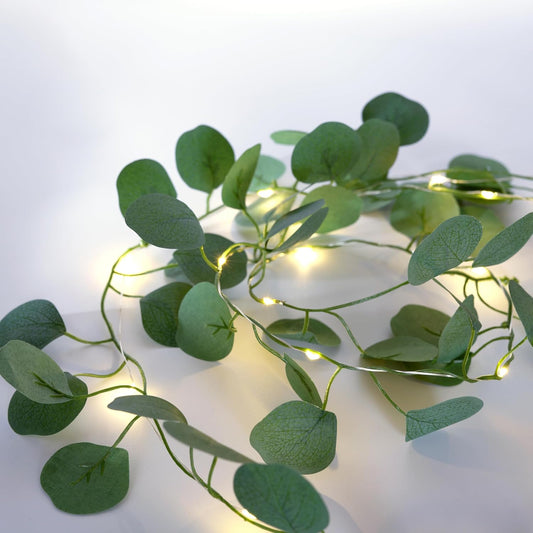 Skiennix Artificial Eucalyptus Leaves String Lights - 20 LED Warm White Fairy Lights | 6.6Ft Greenery Garland for Wedding Decor