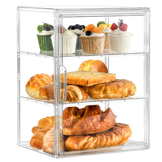 SANKEU Bakery Pastry Display Case 3 Layer Large Clear Bread Box For Kitchen Countertop Bread Storage For Homemade Bread, 10.6" L x 8.7" W x 14.2" H, 1 Pack
