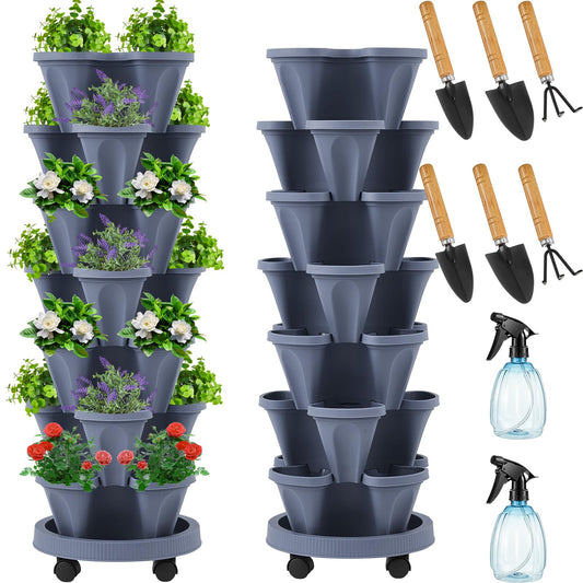 Umigy 2 Set of 7 Tier Vertical Planter Stackable Tower Planters Strawberry Herb Flower and Vegetable Pots Indoor Outdoor Gardening Pots with Removable Wheels and Tools(Dark Gray)