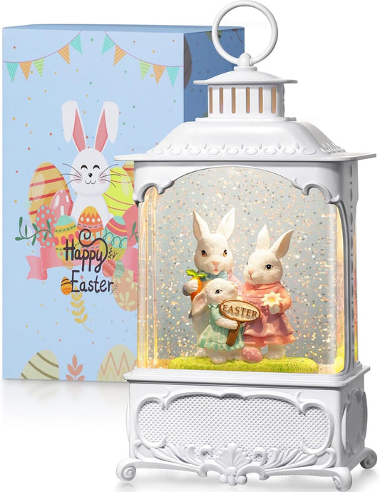 Skiennix Easter Snow Globe - Bunny Lantern with Timer | USB & Battery Powered Home Decor - 10.2 Inch