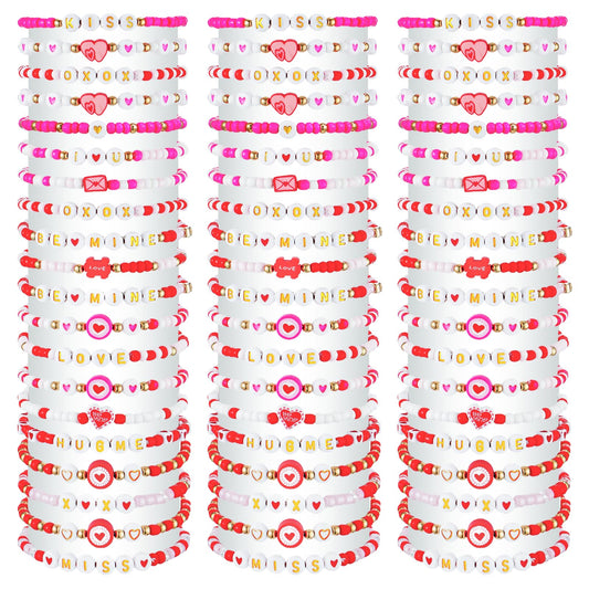 yesaior 60 pcs Valentine's Day Bracelets Bulk Colorful Friendship Adjustable Beaded Bracelets Bulk Women's Clay Surfer Heishi Jewelry for Women Men Gift Party Supplies (Valentine's Day)
