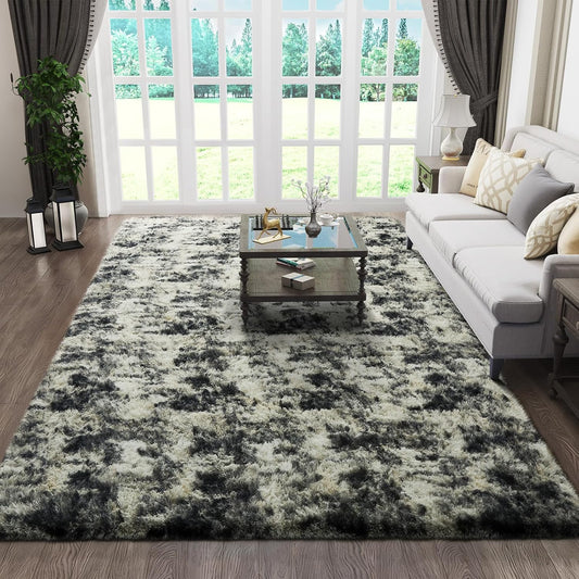 Ophanie Area Rugs - Fluffy Black, Gold & Grey Shag Carpet for Living Room | 5x7 Soft Plush Decor