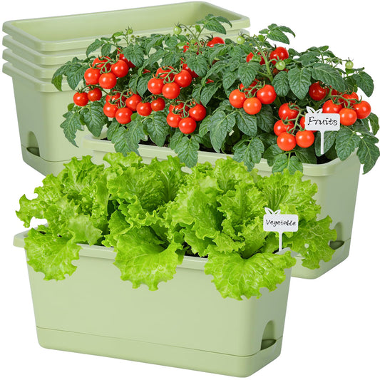 Oliz Window Box Planter 6 Packs, 13.8 Inches Rectangle Flower Pots with Drainage Holes & Trays, Pots for Vegetables, Herbs, Flowers, Garden Windowsill Balcony (Green)