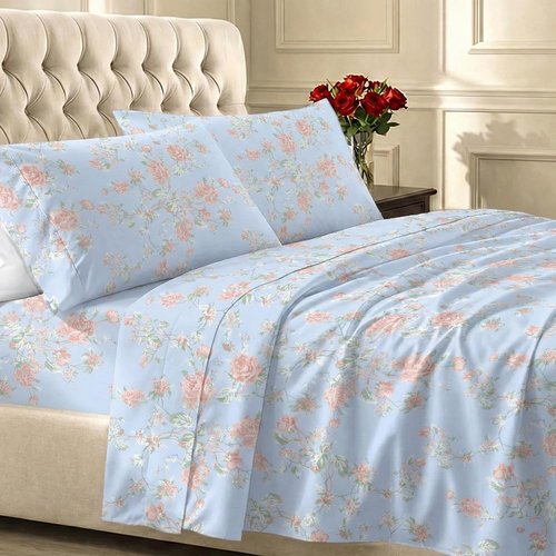 California Design Den King Size Bed Sheets Set - 400 TC Soft Cotton, Smooth Sateen Finish, Deep Pockets - Floral Blue/Pink