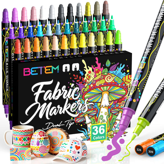 Betem 36 Colors Dual Tip Acrylic Paint Markers, Fabric Decorating Kits Premium Water-Based Acrylic Paint Pens Art Supplies for Fabric, Rock, Wood, Glass, Canvas, Ceramic, Teacher Appreciation Gift
