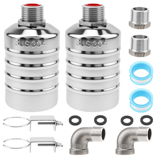 2 Pack Float Valve, Automatic Water Level Control Valve with 1/2inch to 3/4inch 1inch Adapter for Water Tank, Aquariums, Livestock Trough (2)
