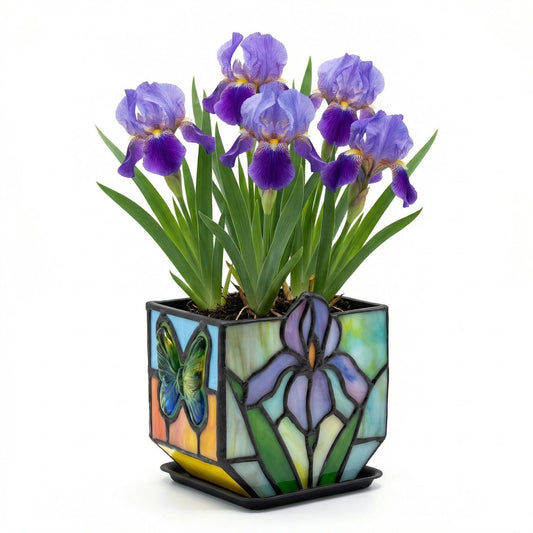 Entlityful Handmade Tiffany Style Stained Glass Iris Planter, Decorative Succulent Pot with Drainage, Indoor Plant Pot for Home Decor, Unique Gardening Gift for Plant Lovers, Mom, Women