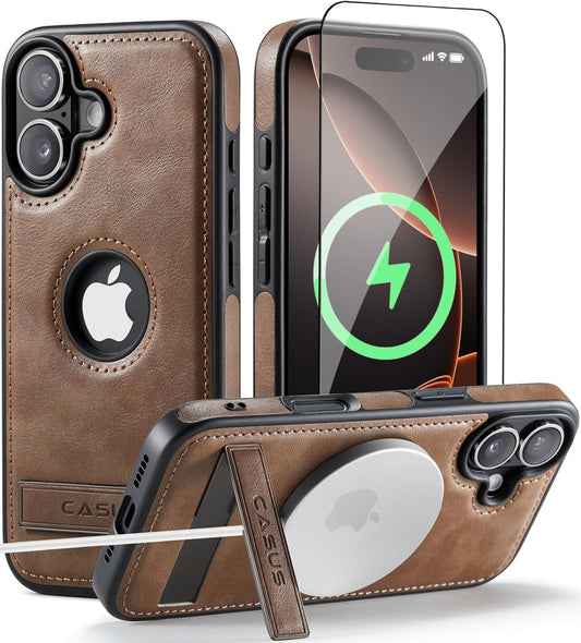 C Casus 17 6.3 Inch (2025), Casus for iPhone Case with MagSafe, Slim Kickstand Vegan Leather Protective Cover