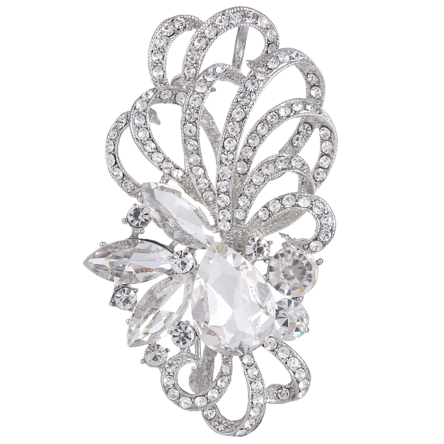 EVER FAITH Silver-Tone Austrian Crystal Bridal Flower Ribbon Teardrop Brooch Pendant Clear