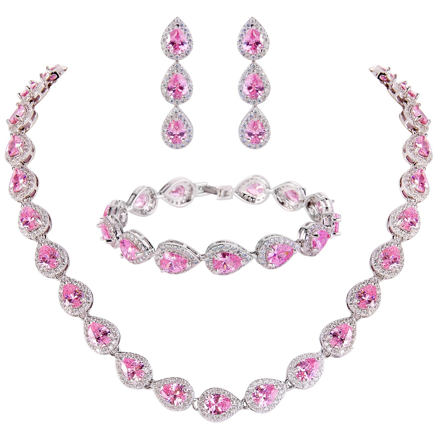 EVER FAITH Wedding Jewelry October Birthstone Pink Tourmaline-Color CZ Tear Drop Necklace Earrings Bracelet Set