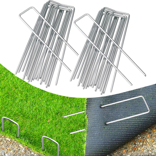 BEBEKULA 100 Pack 12 Inch Garden Stakes, Galvanized Landscape Staples for Weed Barrier Fabric, Heavy Duty Sod Pins Securing Pegs Netting Ground Sheets and Fleece, Ground Cover, Irrigation Tubing