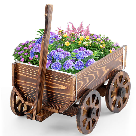 Beeveer Wooden Wagon Flower Planter Cart Garden Planter Box with Wagon Wheels Cart for Home Garden Outdoor Balcony Decorative, Patio Flowers Herbs Vegetables, Brown 34 x 23.5(Small Classic)