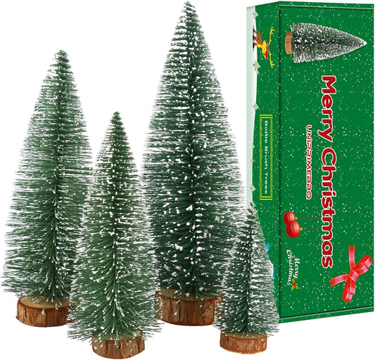 Skiennix Mini Christmas Tree - Small Pine Tabletop Decor with Wooden Bases | Green (Set of 4)